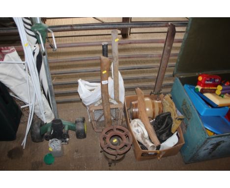 A bag of various sheet music; an axe; tennis racket and together with a box of various sundry items