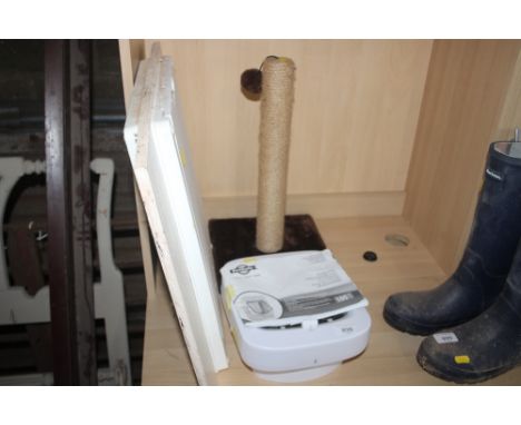 A cat flat; cat scratching post; and one other flap