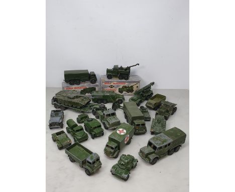 A boxed Dinky Toys No.622 10-ton Army Wagon, a boxed No.661 Recovery Tractor and a quantity of unboxed play worn Dinky Toys M