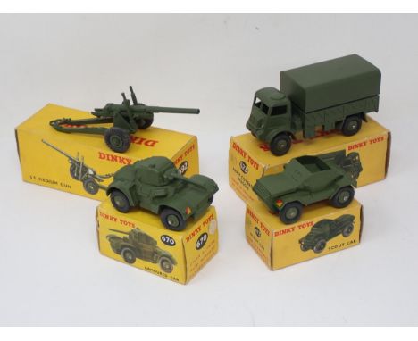 Dinky Toys 623 Army Covered Wagon, 670 Armoured Car, 673 Scout Car and 692 5.5 Medium Gun, boxed 