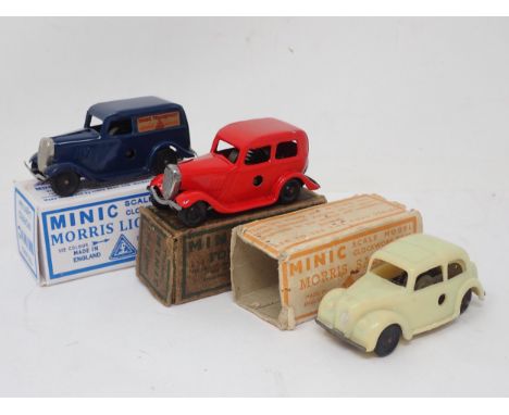 Triang Minic Ford Saloon in damaged box, Morris Saloon in damaged box and Morris Light Van in reproduction box 