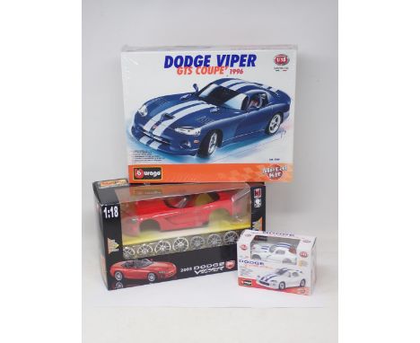 A boxed and sealed Burago 1/18th scale Dodge Viper Metal Kit, a Burago 1/43 scale Dodge Viper Kit and a Maisto 1/18 scale Dod