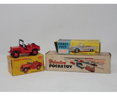 A boxed Dinky Toys No.405 Universal Jeep (box flap loose), an empty Corgi Toys 325 Box and an empty Brimtoy Lorry and Trailer