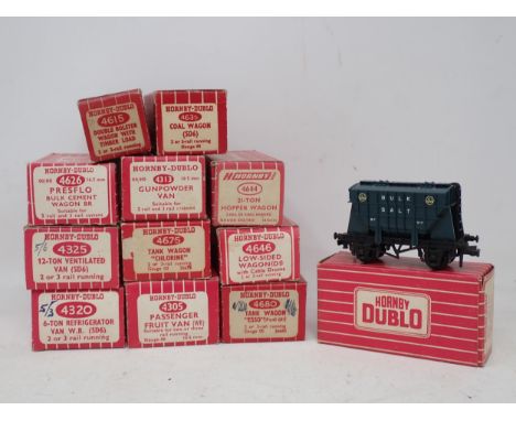 Twelve boxed Hornby Dublo 2 rail Wagons, all generally excellent. To include 4644 Hopper and 4646 Aluminium Cables Wagon, box