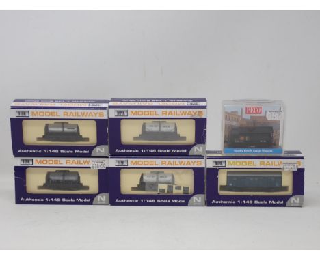 Five Dapol N gauge Wagons including 3x six wheel Milk Tanks, Unigate Creameries Tank and BR blue Van and a Peco BP Tank 
