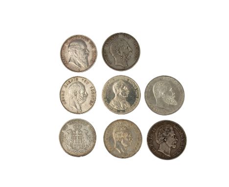 Deutsches Kaiserreich - Kleinkonvolut von 8 x 5 Mark, Baden 1907, Bayern 1876, Hamburg 1876, Preußen 1913, Sachsen 1876, 1903