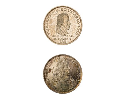 BRD 5 DM Schiller und 5 DM Markgraf von Baden - 1 x BRD - 5 DM 1955/F, Schiller, ss.,Tönung, Kratzer, kleien Randkerben. 1 x 