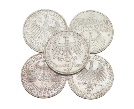 BRD - TOP 5 - 1 x 5 DM 1952/D, Germanisches Museum, ss+, Kratzer, Randfehler, Randkerben,Tönung, verschmutzt. 1 x 5 DM 1955/G