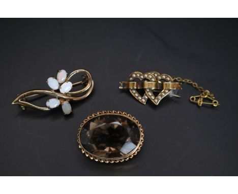 20thC 9ct Gold Oval Smokey Quartz Pendant, 15ct Gold Seed Pearl set Sweetheart Brooch and a Opal Set Bar brooch 