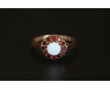 Ladies 9ct Gold Opal and Garnet Ring 1980s Size S 2.3g total weight 