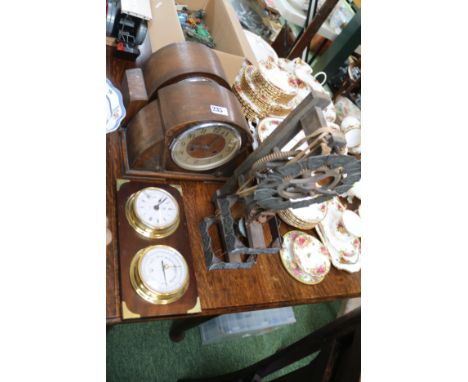 2 Oak Cased Mantel clocks, Wall Barometer set and a Unusual clock 
