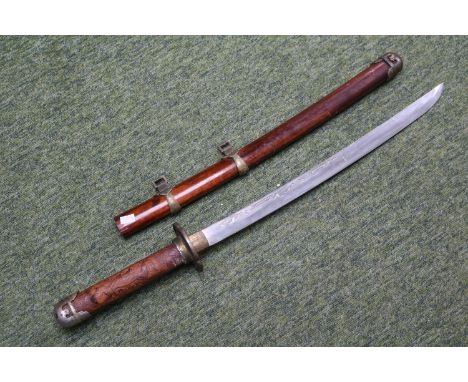 20thC Showcase Katana in wooden scabbard with carved handle. 71cm in Length 