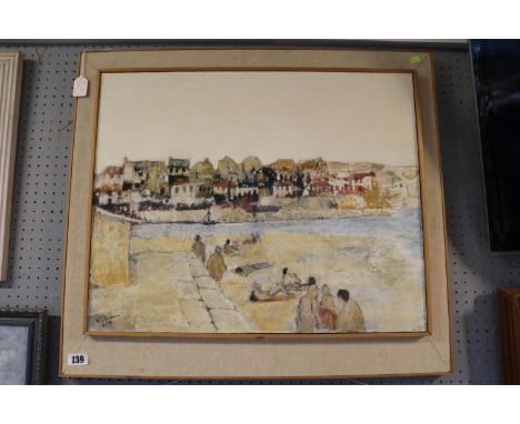 Mary E Herdman Modern Impressionist Estuary scene Seascape with figures to foreground 62 x 50cm 