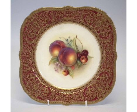 Royal Worcester square shape dish signed W. Bee, painted with fruit within gilt scroll border, date code for 1926, 21cm wide 