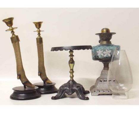 Victorian oil lamp, pair of stags leg candlesticks and a trivet stand. Condition report: see terms and conditions