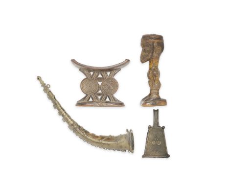 Four Items Of African Tribal Art19th CenturyComprising a Shona headrest, of hardwood and characteristic form, carved and pier