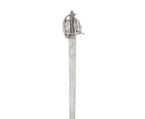 A Basket-Hilted BroadswordLate 18th CenturyWith double-edged blade with border engraved central fuller on each side of the fo