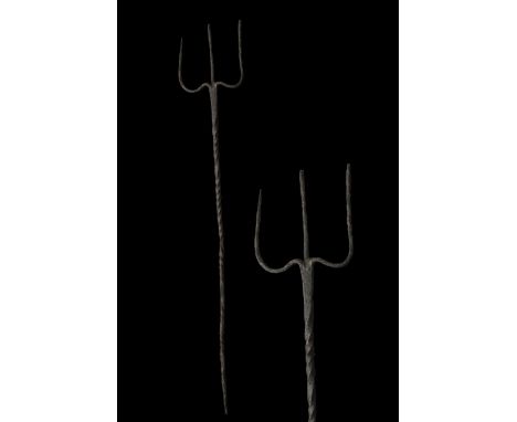 Ca. 100-300 ADAn iron trident with three long, widely-spaced prongs and twisted tang for insertion into a wooden haft. Good c