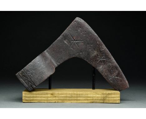 Ca. 900-1000 ADAn iron bearded axe head with an elongated, heavy blade and a round socket. One side of the blade features an 