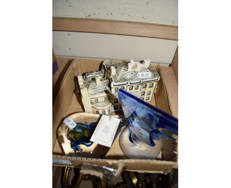 CERAMIC MODEL OF A HOUSE AND CHURCH TOGETHER WITH TWO PAPERWEIGHTS