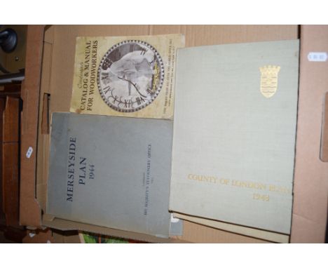 BOX OF MIXED VINTAGE EPHEMERA INCLUDING COUNTY OF LONDON PLAN 1943, GREATER LONDON PLAN 1944, MERSEYSIDE PLAN 1944 AND CONSTA