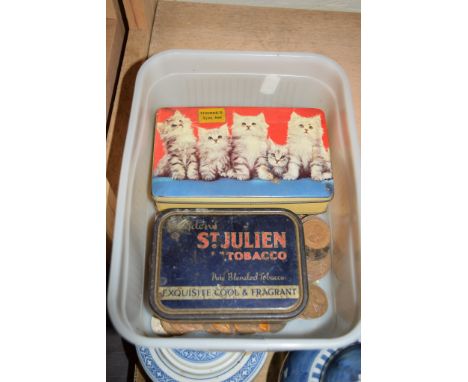 BOX CONTAINING VINTAGE THORNS TOFFEE AND ST JULIEN TOBACCO TINS CONTAINING VARIOUS VINTAGE COINS
