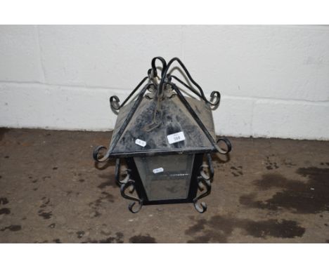 MODERN WROUGHT IRON HANGING EXTERIOR LAMP, HEIGHT APPROX 40CM