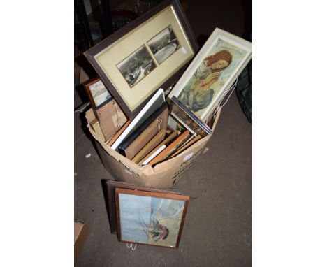 BOX ASSORTED VINTAGE FRAMED PRINTS AND PICTURES