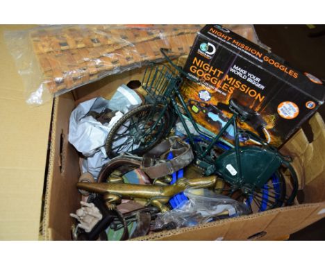 BOX: VARIOUS DECORATIVE ITEMS INCLUDING METAL MODEL OF A BICYCLE, WALL MOUNTED BAROMETER, VINTAGE PART HORSE BRIDLE ETC