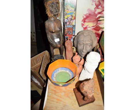 VARIOUS CERAMIC MODELS TOGETHER WITH A WOODEN TRIBAL SCULPTURE