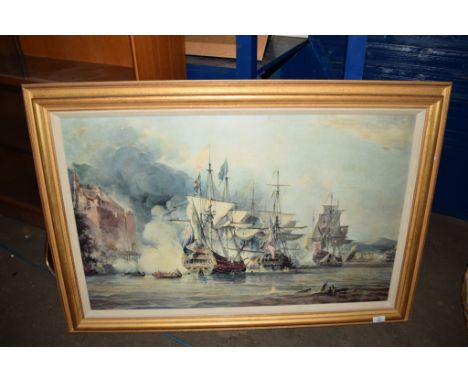 LARGE FRAMED MODERN OLEOGRAPH  DEPICTING A SEA BATTLE, FRAME WIDTH APPROX 108CM