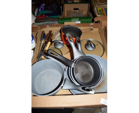 BOX CONTAINING VARIOUS KITCHEN POTS INCLUDING CERAMIC SAUCEPANS