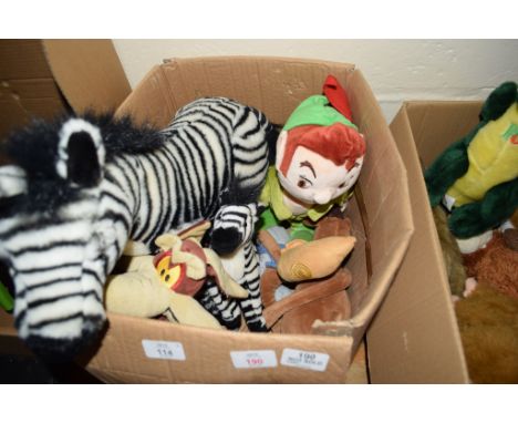 TWO BOXES CONTAINING MIXED PLUSH SOFT TOYS INCLUDING VINTAGE DISNEY PETER PAN, WARNER BROS BEANIE, WILE-E-COYOTE ETC