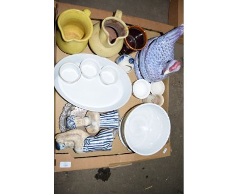 BOX CONTAINING VARIOUS HOUSEHOLD CHINA WARES INCLUDING ROYAL WORCESTER RAMEKINS, CHICKEN EGG CROCK ETC