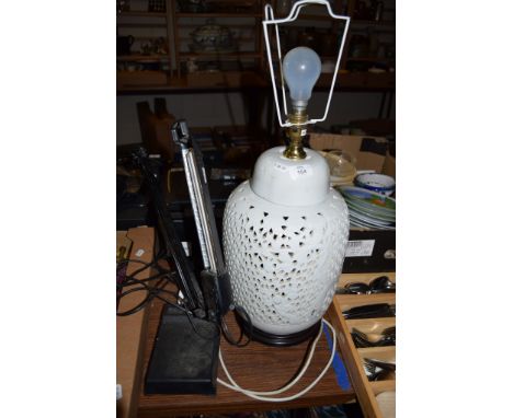 LARGE TABLE LAMP WITH PIERCED DECORATION TOGETHER WITH A READING OR WORK TABLE DESK LIGHT