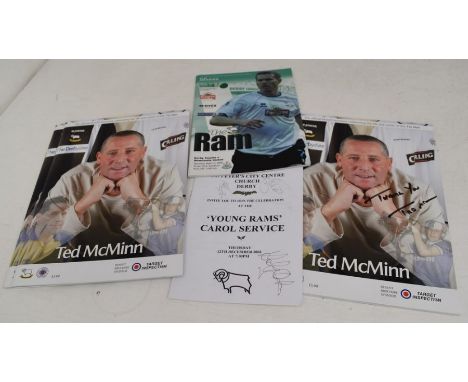 Derby County interest - two signed official Ted McMinn benefit brochures plus a 2002 matchday programme and a Carol Service l