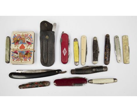 Collection of vintage pen knives, Swiss Army fruit and watch knives, including Victorian playing cards