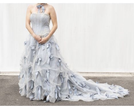 An ice blue chiffon ballgown by Ian Stuart 2003-5, the design is called Gigalette.&nbsp; The boned bodice is embellished with