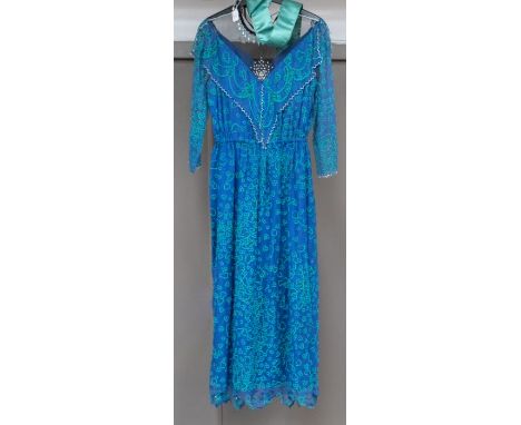 An iconic Zandra Rhodes dress from the 1970's, with silk printed abstract pattern, in French navy, with Jade pattern, elastic