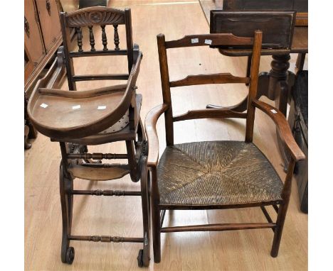 A Victorian/Edwardian children's metamorphic high chair/rocking chair, along with Victorian ladder backed chair