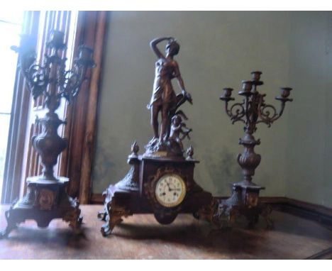 Marble and Brass Three Piece Clock Suite with Floral Decorated Enamel Dial Tallest 26 Inches High