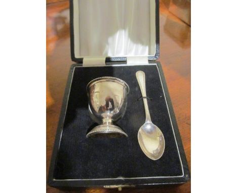 Edwardian Cased Solid Silver Egg Cup and Spoon