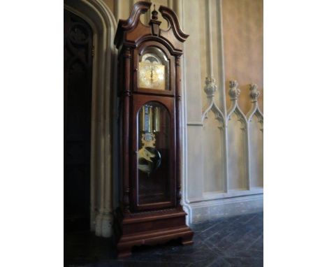 Mahogany Grandfather Clock of Imposing Size with Gilded Face and Lunar Motif 93 Inches High