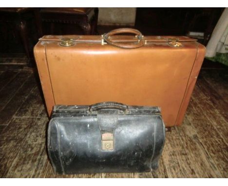 Antique Leather Gladstone bag and Vintage Calf Leather Suitcase