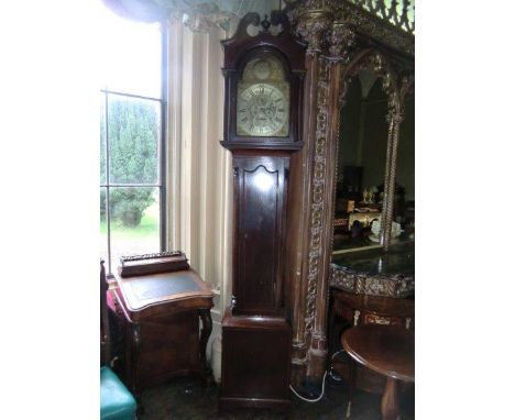 Georgian Inlaid Grandfather Clock with Carved Hood and Brass Roman Numeral Dial 92 Inches High