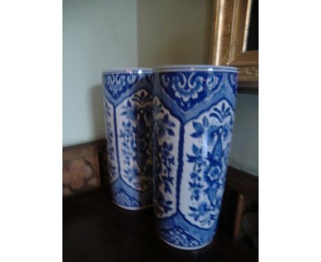 Pair of Blue and White Antique Oriental Porcelain Stick and Umbrella Stands Each 17 Inches High