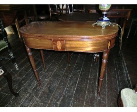 Scallop Shell Inlaid Regency Mahogany Folding Card Table of Demi Lune Form 35 Inches Wide x 29 Inches High