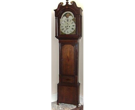 Late Georgian Inlaid Grandfather Clock with Swan Neck Pediment and Painted Dial above Raised Bracket Feet Circa 1830
