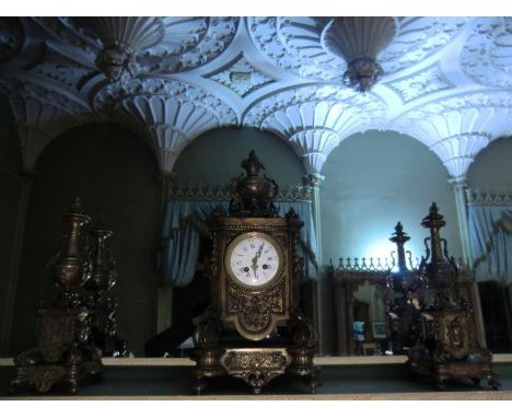 Three Piece Brass Ormolu Clock Suite Largest 20 Inches High
