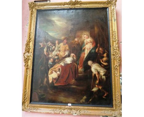 Old Master School The Three Kinds Presenting Gold Frankincense  and Myrrh to the New Born Christ Oil on Canvas. 6ft x 5ft App
